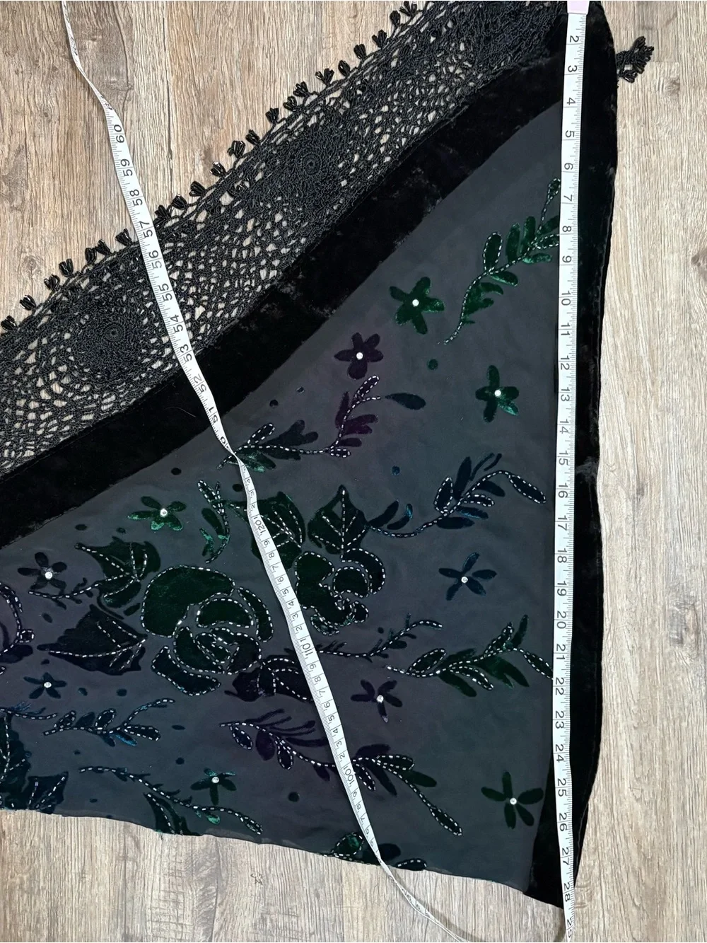 Chico's Black Velvet Trim Floral Sheer Scarf with Green, Blue, Purple Accents